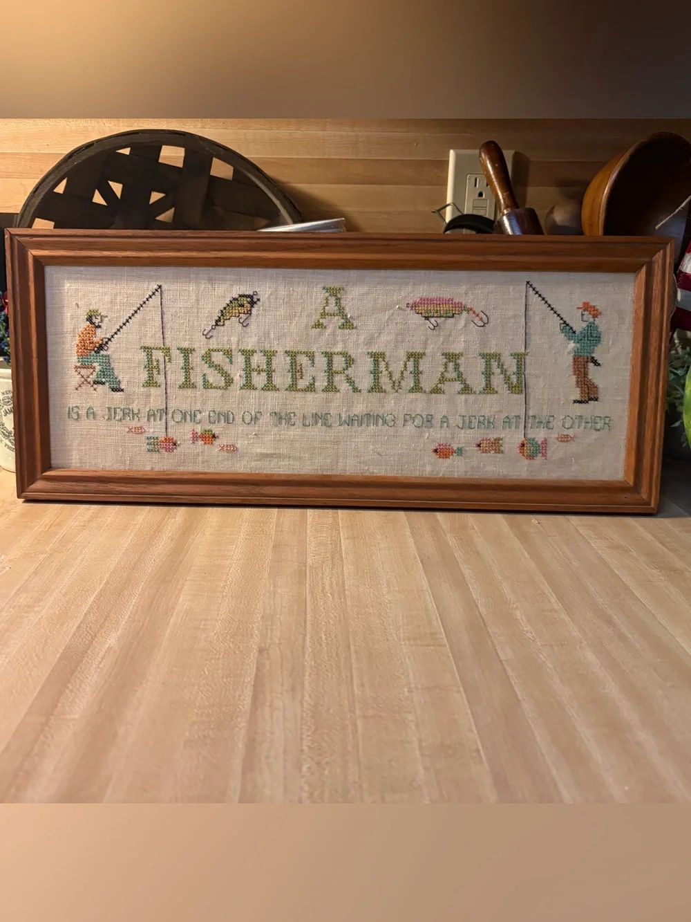 A Fisherman Cross-Stitch Wall Art - Green and Multicolor